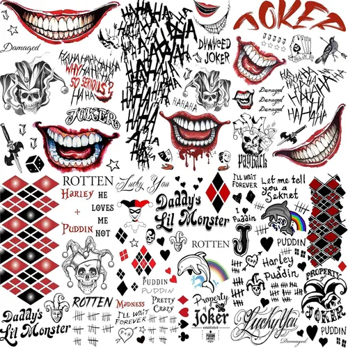 Miniatura 9 de TASROI 5 hojas de calcomanías de tatuaje HQ Joker para mujeres, hombres y adultos, tatuajes temporales de Halloween, kit de maquillaje de cara