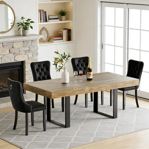 Miniatura 47 de Juego de mesa de comedor extensible de 5 piezas para 4, mesa de cocina de madera marrón de 63-78.7 pulgadas con 4 sillas acolchadas beige, juego