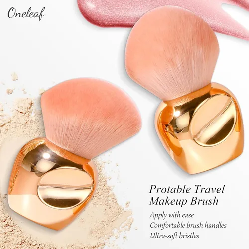 Miniatura 4 de Oneleaf Kabuki - Brochas de maquillaje sintéticas de alta calidad, para cuerpo plano, base de maquillaje Kabuki, juego de 2 piezas, dorado (redondo)