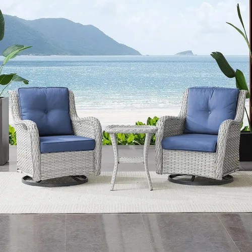 Belord Juego de 3 Sillas Giratorias Mecedoras para Patio al Aire Libre, Juego de Muebles de Sillas Giratorias para Patio de Respaldo Alto de Mimbre,