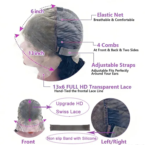 Miniatura 5 de Pelucas de cabello humano ondulado con encaje frontal transparente HD de 13 x 6 pulgadas, densidad 200, pelucas de ondas profundas para mujer