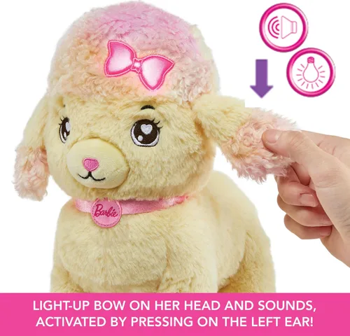 Miniatura 4 de Mattel Set de Juguetes de Peluche Barbie, Animal de Peluche Caniche Peluquero con Luces y Sonidos, Más Bolso Temático y 6 Accesorios, Aventura