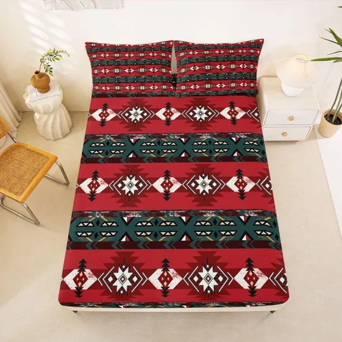 Miniatura 35 de Juego de ropa de cama de estilo bohemio occidental, tamaño individual, diseño de vaca atrapasueños, sábana bajera ajustable del suroeste, tribu