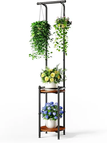 Miniatura 9 de Homsorout Soporte para plantas para interiores y exteriores, soporte de metal resistente de 2 niveles para plantas colgantes de hierro que ahorra