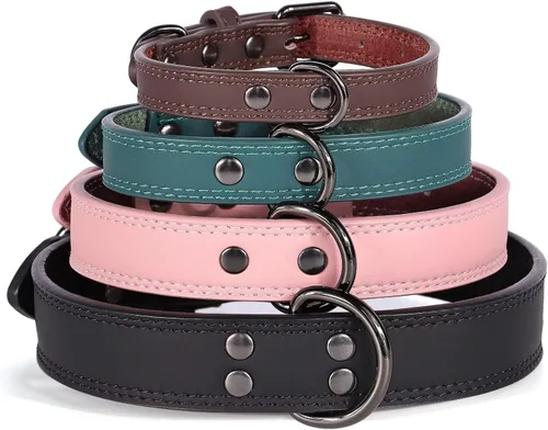 Miniatura 7 de Didog Collar de perro de cuero genuino para perros pequeños, duradero y suave, con anillos dobles en D y hebilla de metal, marrón, S