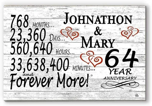 Letrero personalizado de aniversario de 64 años, regalo de aniversario de boda para días de pareja, minutos y años, madera maciza, 16.5 x 10.5 x