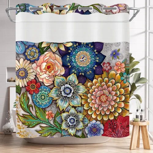 Miniatura 2 de Neasow Cortina de ducha sin gancho con forro a presión, cortinas de tela floral bohemia con forro interior impermeable con imanes ponderados