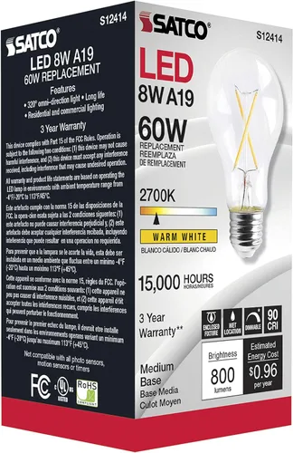 Miniatura 5 de Satco Bombillas de filamento LED regulables, S12414, lúmenes altos, 8 vatios, A19, transparente, base media E26, blanco cálido 2700K, 90+ CRI, 120