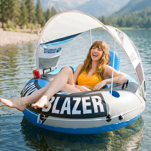 Sunlite Sports Tubo de río con toldo para 1 o 2 personas, flotador de agua inflable resistente con portavasos, protección solar UV, cómodo diseño de