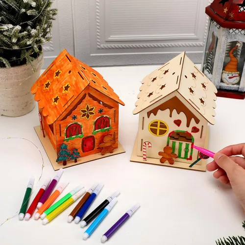 Miniatura 5 de Spiareal 24 juegos de kit de bricolaje para casa de pan de jengibre de Navidad de madera con velas sin llama LED, lápices acuarela, casas de madera