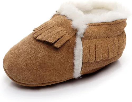 Miniatura 9 de HONGTEYA Mocasines de bebé con suela de goma de forro polar de piel, botas de nieve cálidas, zapatos de bebé de cuero para niños y niñas