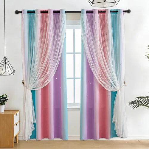 Miniatura 25 de Anytime - Cortinas románticas para niños, cortina de ventana con estrellas recortadas, cortinas opacas de doble capa para dormitorio de niñas, Azul
