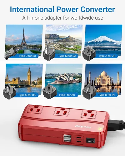 Miniatura 2 de BESTEK Adaptador de potencia internacional 250W, convertidor de voltaje de viaje de 220 V a 110 V con 4 puertos USB, incluyendo adaptador de enchufe