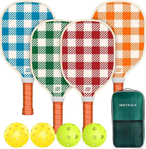 Juego de 4 palas de pickleball, juego de 4 aprobado por USAPA con 4 pelotas de pickleball y 1 bolsa de transporte. Palas de pickleball de madera