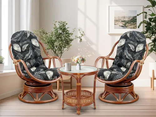 Miniatura 15 de Juego de 2 mecedoras giratorias Bali Lounge con cojín floral y mesa de centro redonda Pelangi, mimbre de ratán natural, hecho a mano, color colonial
