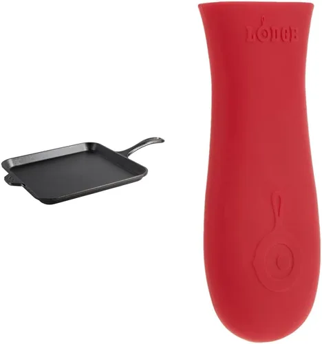 Lodge Plancha cuadrada de hierro fundido de 11 pulgadas y soporte de mango caliente de silicona, mango de silicona protector contra el calor rojo