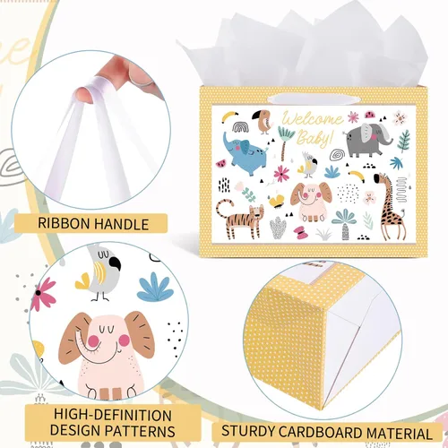 Miniatura 3 de woric Bolsa de regalo de bebé de 14.5 pulgadas para baby shower con papel de seda y tarjetas de felicitación para fiestas de cumpleaños de niños