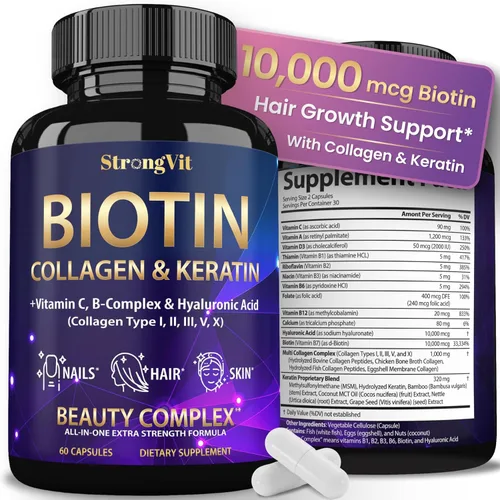 Biotina con ácido hialurónico, queratina y suplementos de colágeno - vitaminas para el crecimiento del cabello para mujeres, uñas y piel saludables,