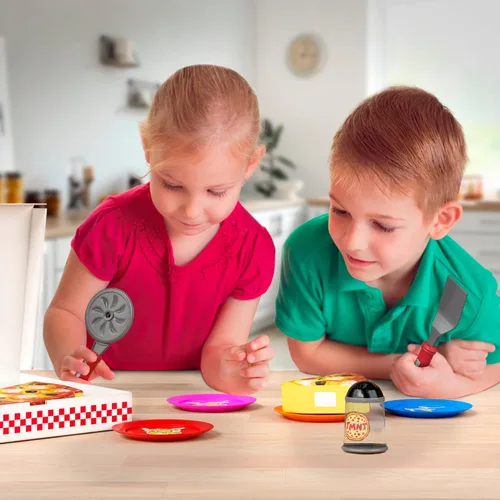 Miniatura 5 de Juego de juguetes de pizza para niños, comida para jugar en la cocina, rebanar y servir pizza de juguete con caja, cortador de pasteles