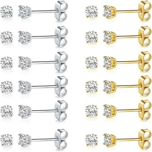 Miniatura 28 de Aretes de tuerca chapados en oro blanco de 18 quilates de 3 a 0.315 in con circonita cúbica redonda, paquete de 6 pares