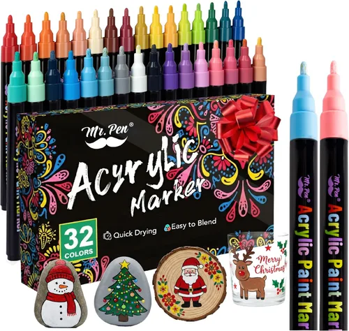 Mr. Pen - Marcadores de pintura acrílica, 32 piezas, coloridos | Bolígrafos de pintura acrílica para rocas, madera, lienzo, piedra, vidrio,