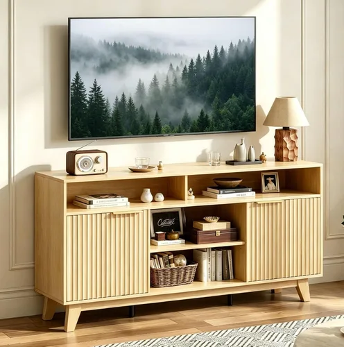 Miniatura 9 de VINGLI Soporte de TV acanalado de 58 pulgadas para televisores de hasta 70 pulgadas, moderno soporte de TV con almacenamiento y estantes ajustables