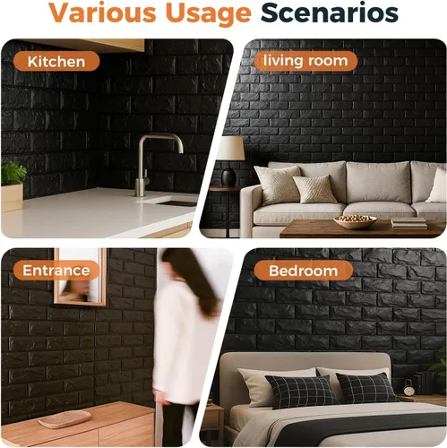 Miniatura 5 de Circloophs Paneles de pared 3D para pegar y despegar, papel tapiz 3D imprimible de ladrillo negro, autoadhesivo, impermeable, paneles de ladrillo