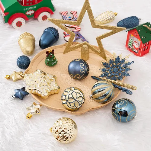 Miniatura 2 de Juego de 110 adornos de bolas de Navidad, adornos de Navidad surtidos azules y dorados para árbol de Navidad, bolas de plástico irrompibles