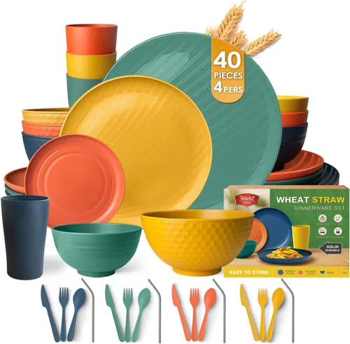 Miniatura 11 de Teivio Juego de vajilla de plástico de paja de trigo de 16 piezas, servicio para 4, platos de cena, plato de postre, tazones para cereales, tazas