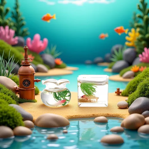 Miniatura 2 de 2 peceras en miniatura, 1: 12 casas de muñecas en miniatura de cristal Goldfish Tank Desktop Dollhouse Adornos para decoración de escenas de jardín