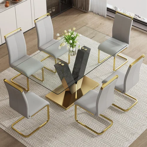 Miniatura 30 de Juego de mesa de comedor de vidrio de 71 pulgadas para 6, juego de mesa de comedor para 6, mesa de cocina moderna y 6 sillas de PU, parte superior 6
