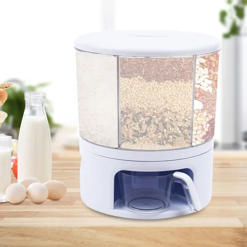 Miniatura 3 de Dispensador de granos giratorio de 360°, dispensador de cereales grande de 6 rejillas, recipiente de grano sellado con divisor y mango extraíbles