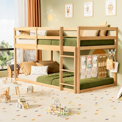 Miniatura 9 de TOLEAD Litera baja individual sobre individual, litera de suelo con escalera, litera individual con barandillas completas, litera de madera para Gris