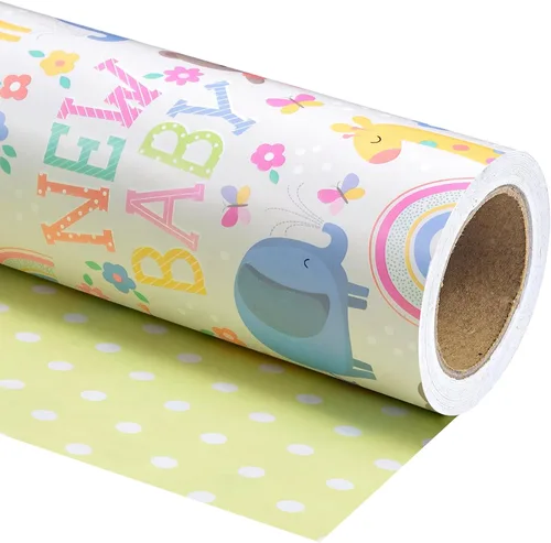 Miniatura 19 de WRAPAHOLIC - Papel de regalo reversible para bebé niña, mini rollo - 17 pulgadas x 33 pies - Diseño de bebé niña y rayas para baby shower, Bebita