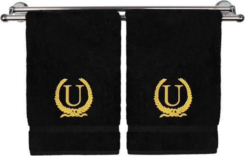 Miniatura 166 de Toalla de mano con monograma, regalo personalizado, 16 x 30 pulgadas, diseño de corona dorada bordada con letra blanca en toalla negra, extra