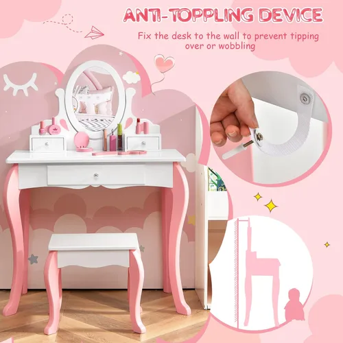 Miniatura 6 de Costzon Juego de tocador para niños con espejo, tocador de maquillaje de princesa 2 en 1 con parte superior desmontable, tocador para niños pequeños