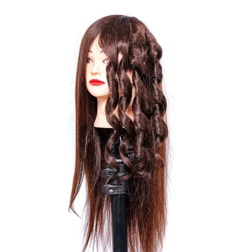 Miniatura 4 de Cabeza de maniquí con 60% cabello real, cabeza de práctica y entrenamiento para peluquería, maniquí para cosmetología, con 9 herramientas y soporte