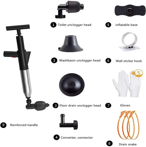 Miniatura 7 de Kit de émbolo de inodoro de acero inoxidable, pistolera de drenaje de aire de alta presión con 5 cabezales, barómetro de salpicadero, inodoro