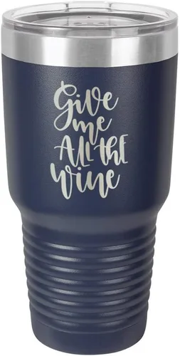Miniatura 22 de Taza de viaje de acero con recubrimiento de polvo grabado con láser, con grabado «GIVE ME ALL THE WINE» y grabado en polvo de 30 oz, libre de BPA