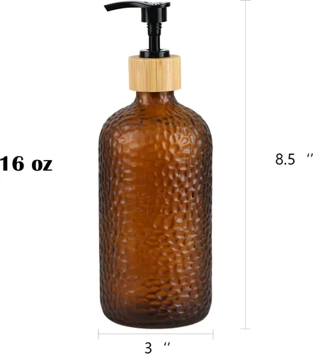Miniatura 3 de Dispensador de jabón de vidrio de 16 onzas con cabezal de bomba de bambú, dispensador de jabón de cocina y baño recargable para jabón de manos, Ámbar