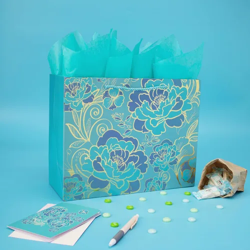 Miniatura 5 de Juego de Bolsa de Regalo Grande Rosa Verde de 13" con Tarjeta de Felicitación y Papel de Seda (Flores con Trazado de Papel Aluminio) para Celebrar