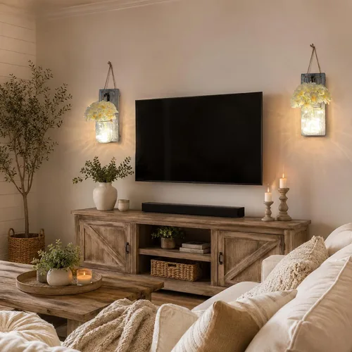 Miniatura 7 de Decoración rústica de madera para colgar en la pared con tira de luces LED para sala de estar y dormitorio modernos, estilo campestre inspirador