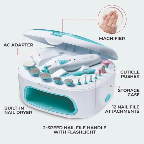 Miniatura 2 de Kiss Professional, taladro eléctrico de uñas, lima de uñas eléctrica y sistema de secado de uñas, incluye 12 accesorios, empujador de cutículas