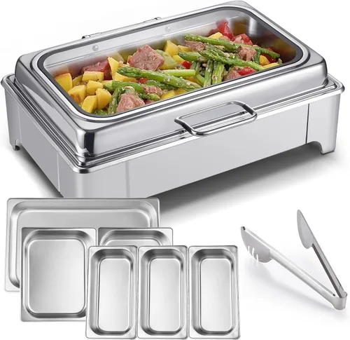 Juego de servidor de platos de cocina eléctrico para bufé, bandejas de alimentos de acero inoxidable de tamaño completo y mediano y de tres