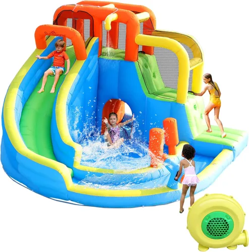 Miniatura 10 de Tobogán acuático inflable para patio trasero de niños, casa de rebote con tobogán acuático, casa inflable para parque acuático inflable para húmedo