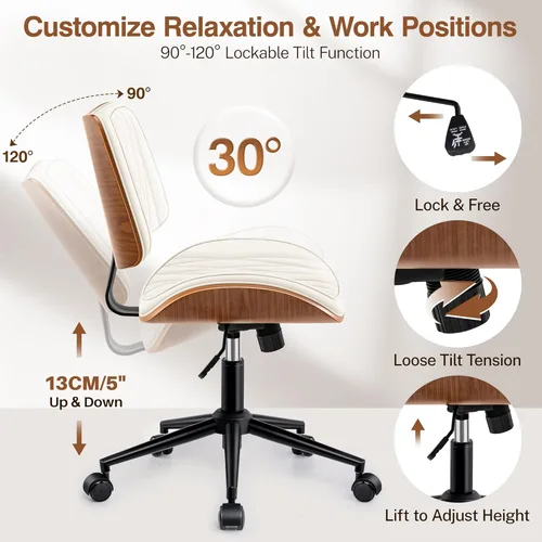Miniatura 5 de Silla ergonómica de escritorio de oficina sin brazos, de piel sintética blanca moderna de mediados de siglo con costuras de diamante, silla Blanco