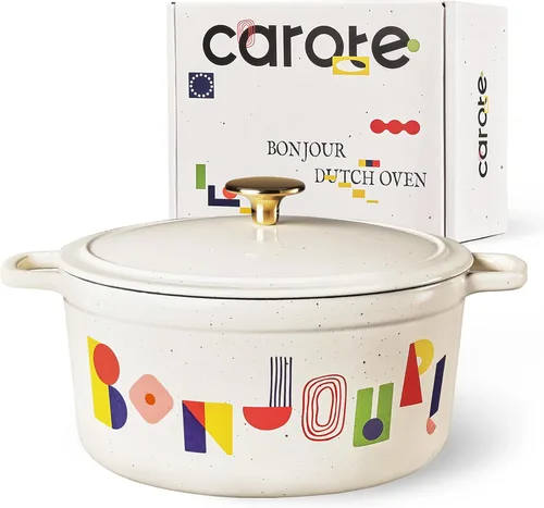 Miniatura 10 de CAROTE Sartén de hierro fundido esmaltado de 3.5 cuartos de galón, sartenes florales poco profundas para horno holandés, olla de hierro fundido