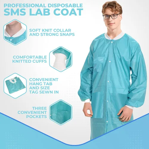 Miniatura 3 de 10 abrigos de laboratorio desechables Abrigo de laboratorio reutilizable duradero de 1.76 oz SMS hasta la rodilla con puños y bolsillos de punto