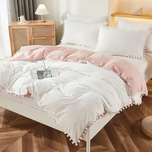 Miniatura 14 de Bedbay Juego de edredón bohemio color beige, edredón con pompones, decoración de habitación estética, bonito juego de ropa de cama con flecos