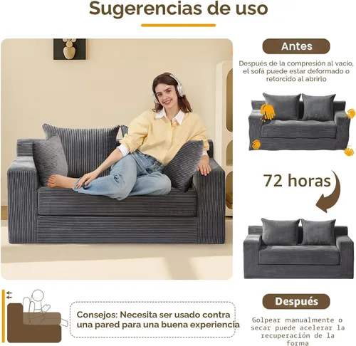 Miniatura 5 de cidludto Sofá cama convertible 3 en 1, sofá cama plegable plegable – Sofá cama sin hueso y futón en el suelo, sofá cama extraíble de pana con 4 Gris